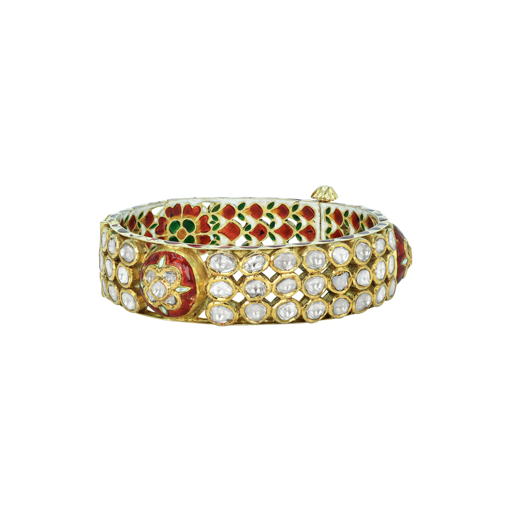 Floral Polki Bangle with Red and Green Meenakari Enamel Work